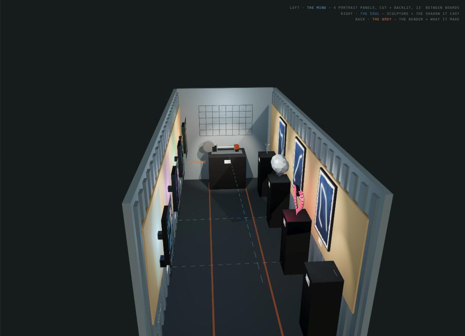 The container interior: four backlit panels down the left wall, prints and sculpture on plinths down the right