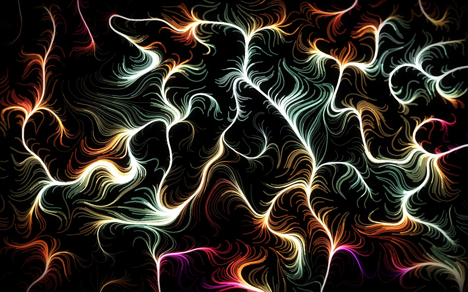 Dense electric filaments of orange and white curling across a black ground