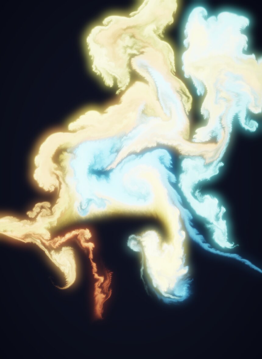 Ochre and cyan fluid forms twisting against a black ground