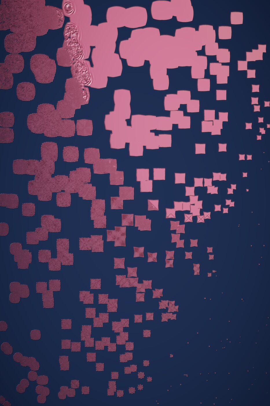 Reaction-diffusion print: pink and navy fields dissolving from dense maze patterns into open ground